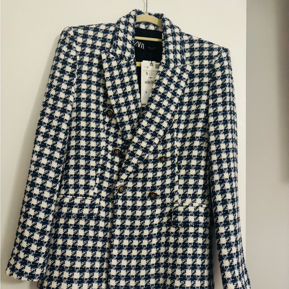 Zara Blue and White Blazer with Bold Pattern